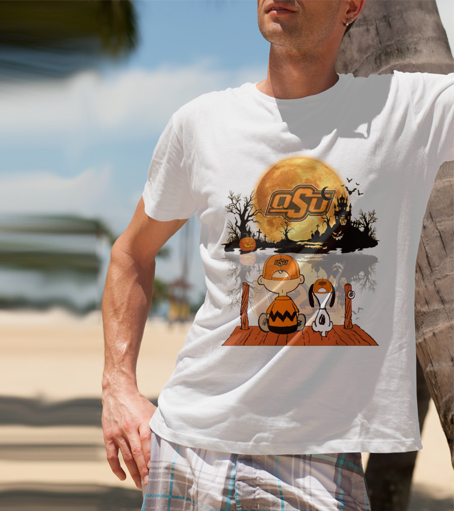 Oklahoma State Cowboys Halloween OSU Moon Charlie And Snoopy T-Shirt