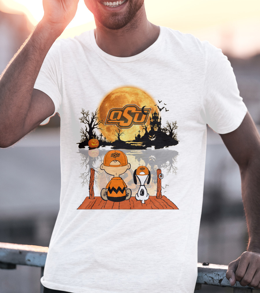 Oklahoma State Cowboys Halloween OSU Moon Charlie And Snoopy T-Shirt