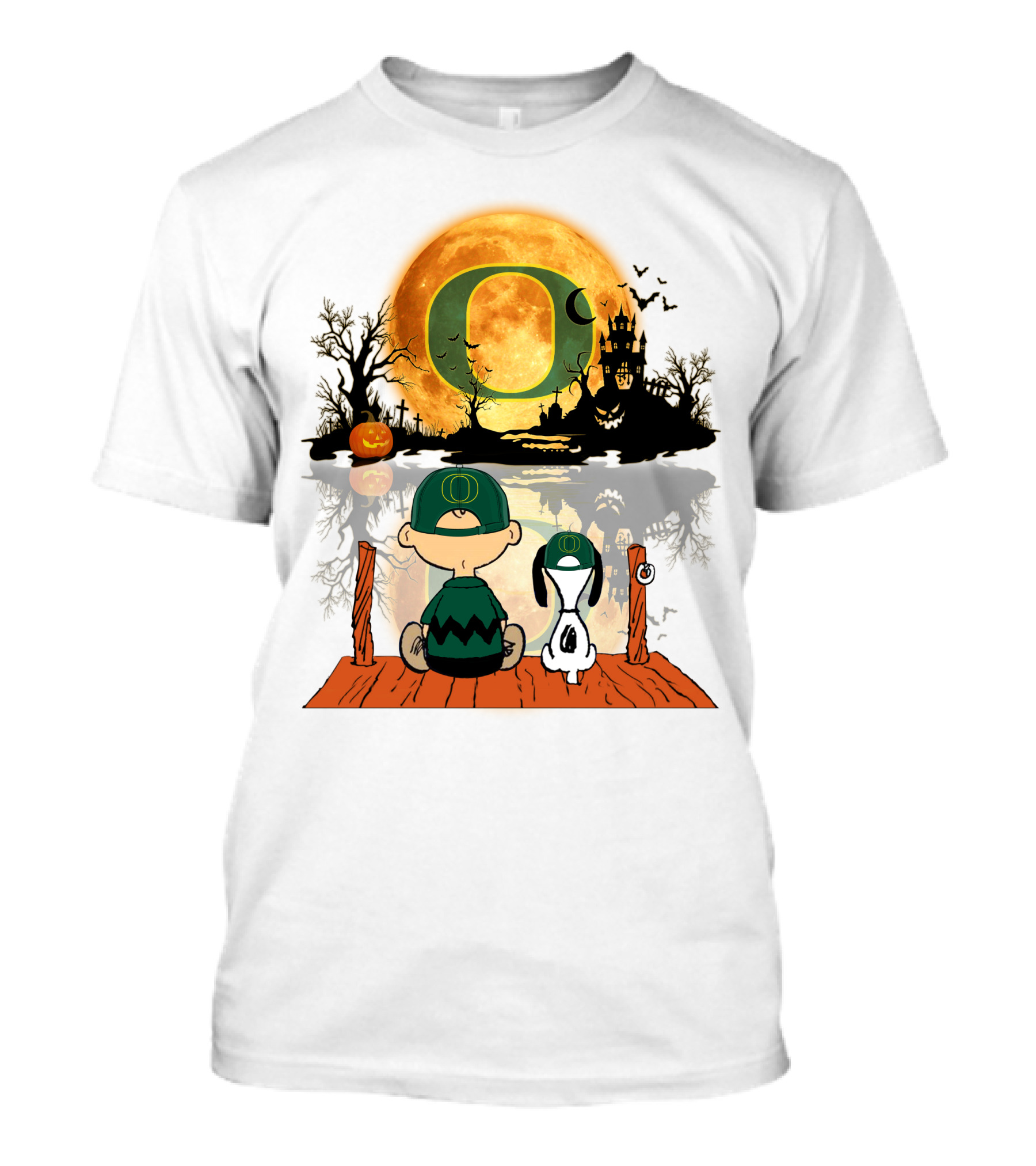 Oregon Ducks Halloween Moon Charlie And Snoopy Reflection T-Shirt
