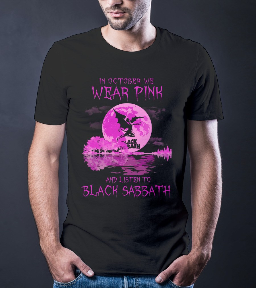 In October We Wear Pink With Black Sabbath Bat Silhouette And Pink Moon Reflection T-Shirt