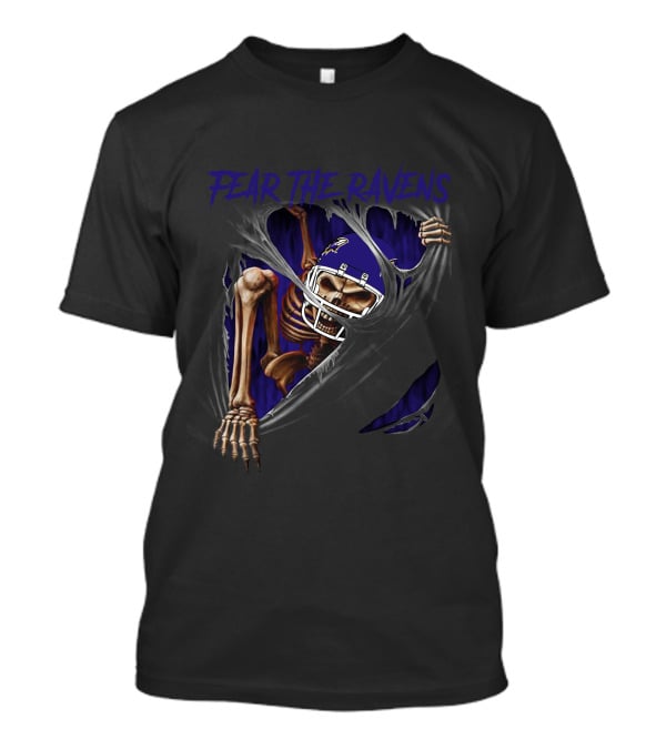 Fear The Ravens Baltimore NFL Skeleton Ravens Helmet Tear T-Shirt