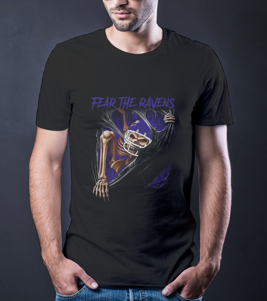 Fear The Ravens Baltimore NFL Skeleton Ravens Helmet Tear T-Shirt