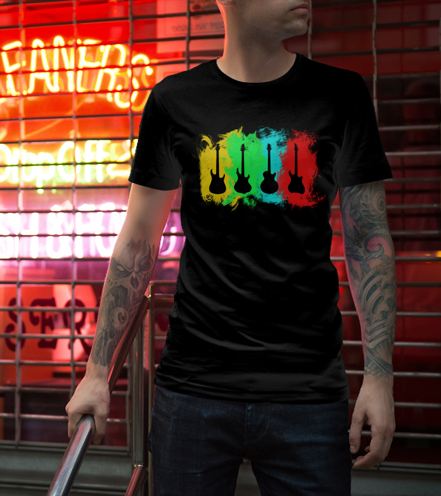 Colored Guitars Electric Acoustic Silhouette Yellow Green Blue Red T-Shirt