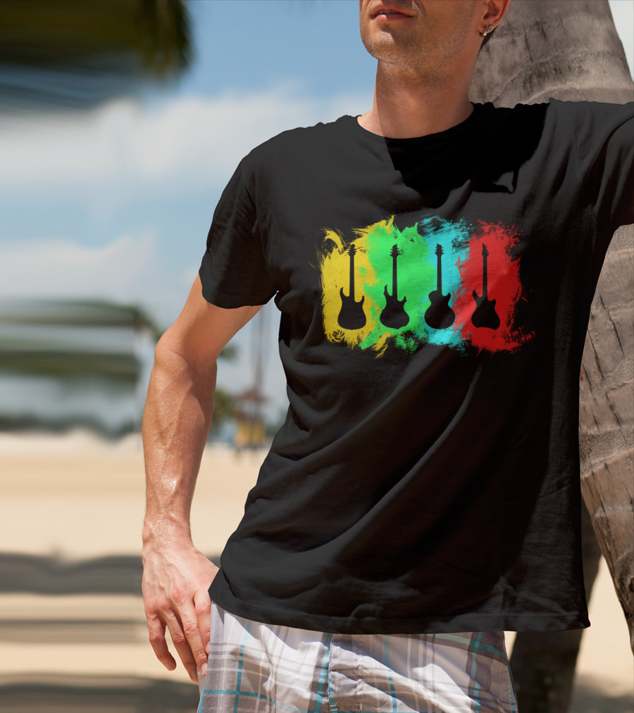 Colored Guitars Electric Acoustic Silhouette Yellow Green Blue Red T-Shirt