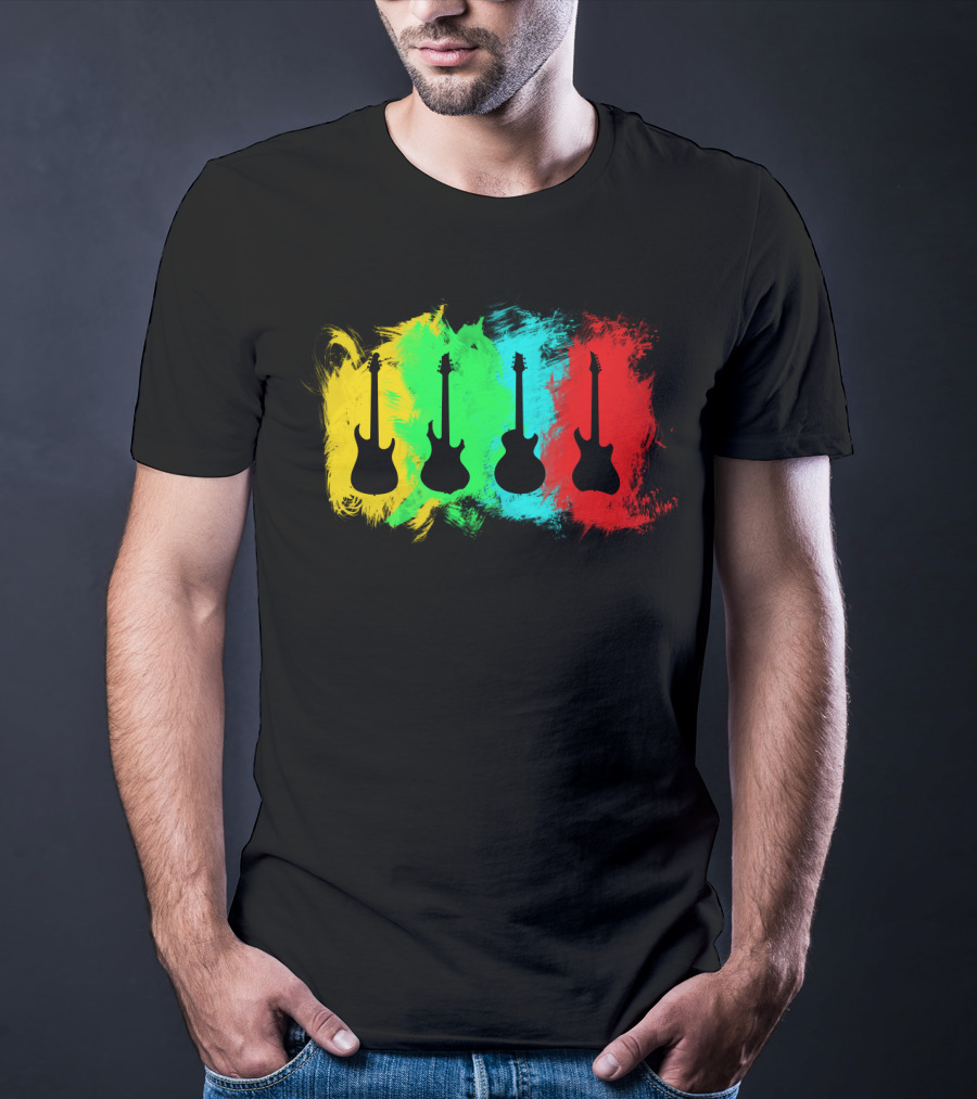 Colored Guitars Electric Acoustic Silhouette Yellow Green Blue Red T-Shirt