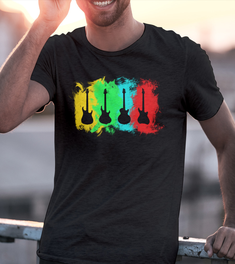 Colored Guitars Electric Acoustic Silhouette Yellow Green Blue Red T-Shirt