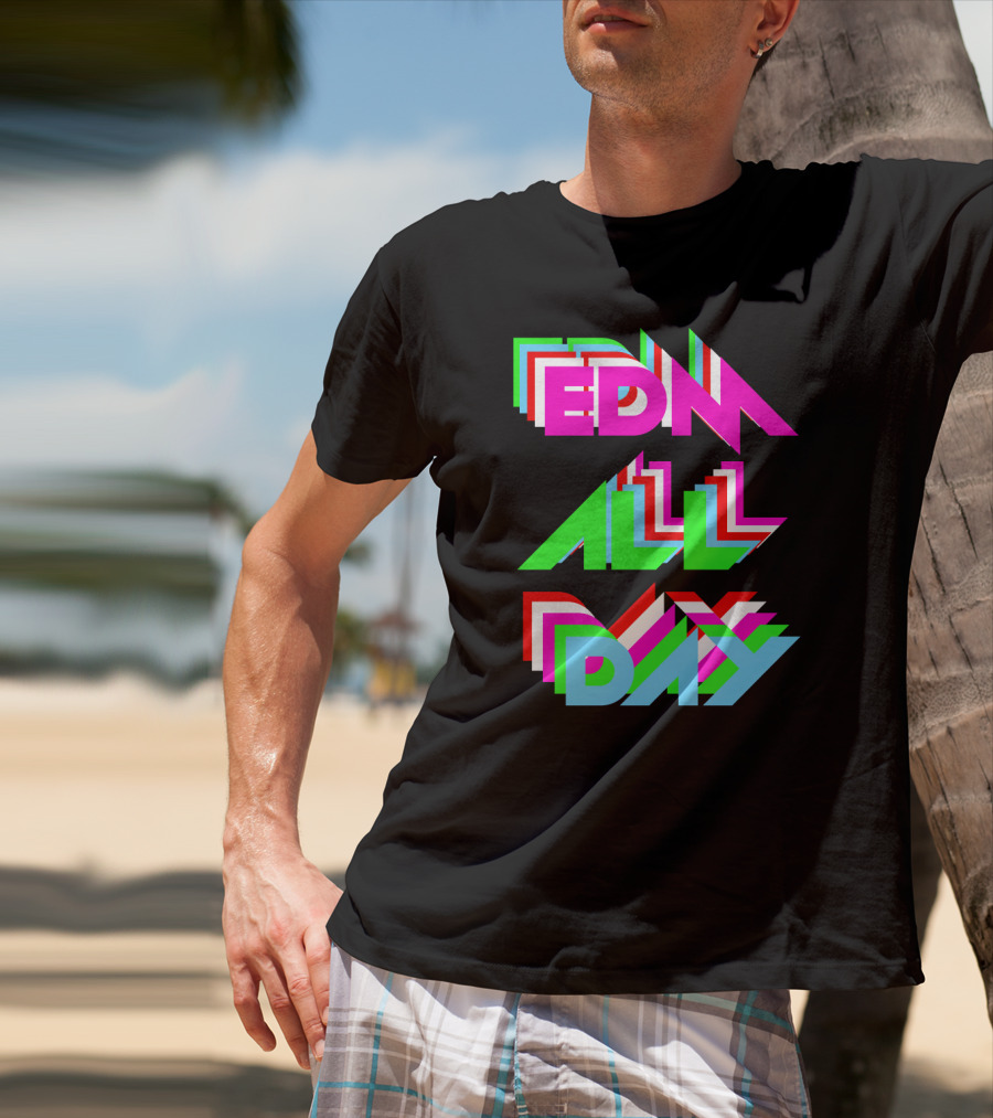 EDM All Day Cool Neon Anaglyph Style Rave Black Ink T-Shirt