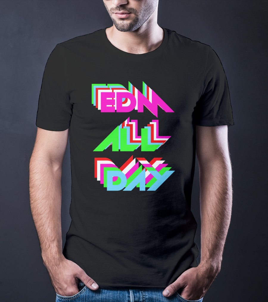 EDM All Day Cool Neon Anaglyph Style Rave Black Ink T-Shirt
