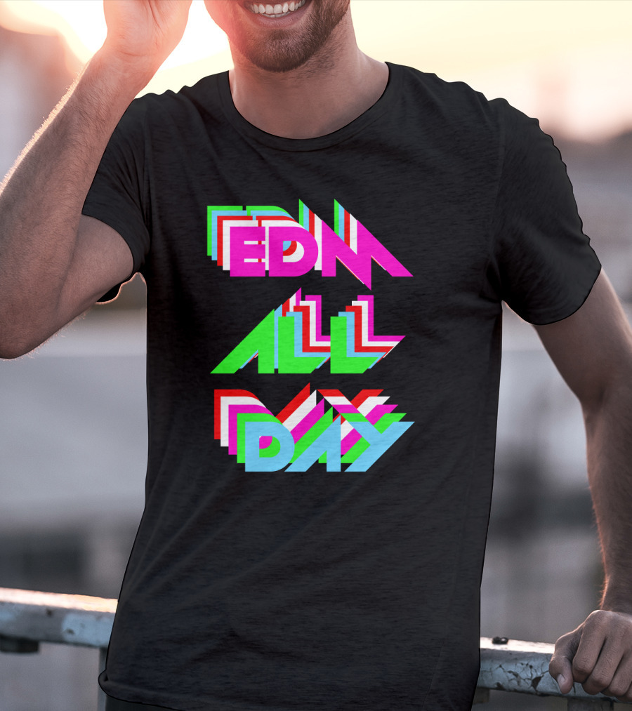 EDM All Day Cool Neon Anaglyph Style Rave Black Ink T-Shirt