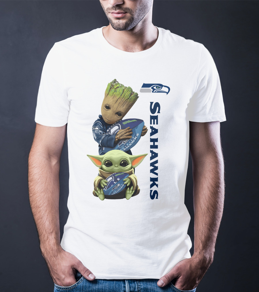 Baby Groot And Baby Yoda Hugging Seahawks Football T-Shirt