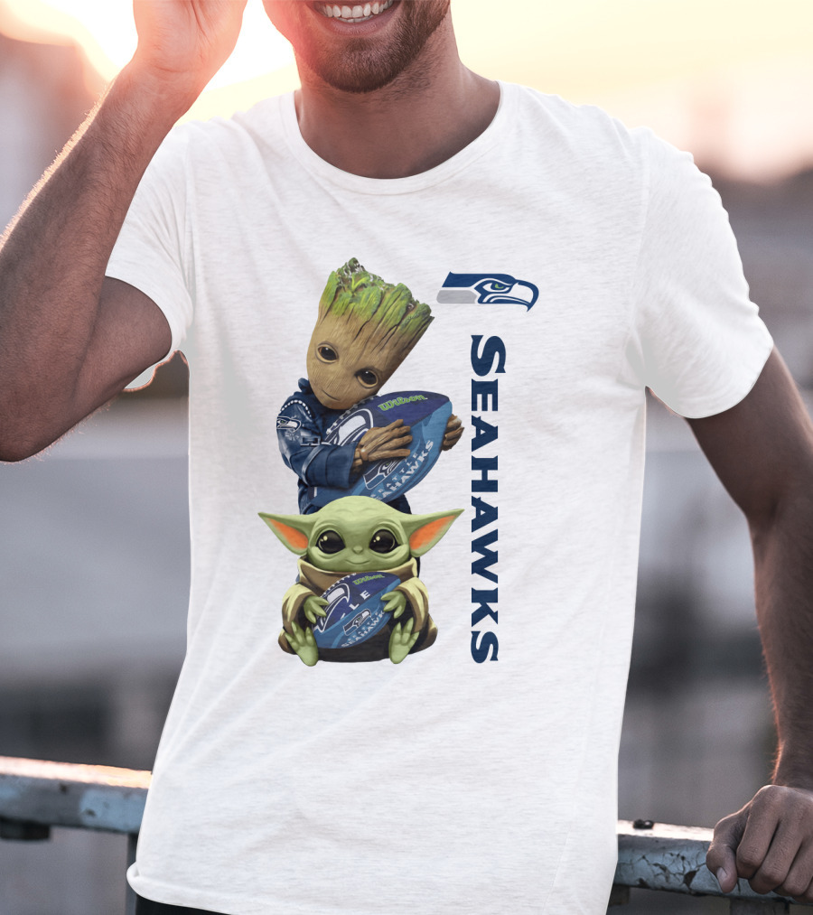 Baby Groot And Baby Yoda Hugging Seahawks Football T-Shirt
