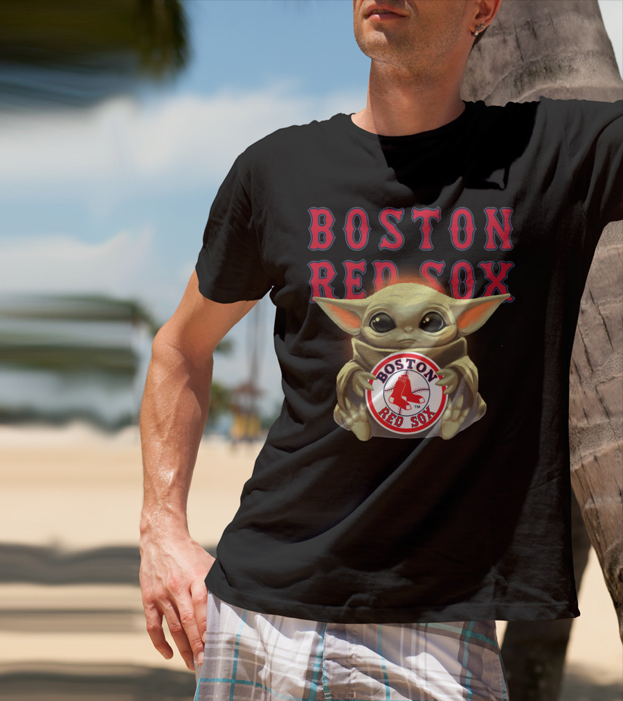 Boston Red Sox Baby Yoda Hugging Red Sox Emblem T-Shirt