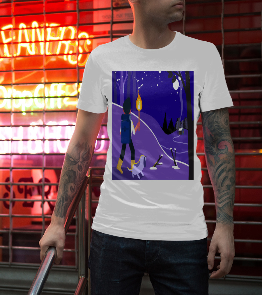 Nighttime Hiker With Backpack And Dog Under Moonlit Sky T-Shirt