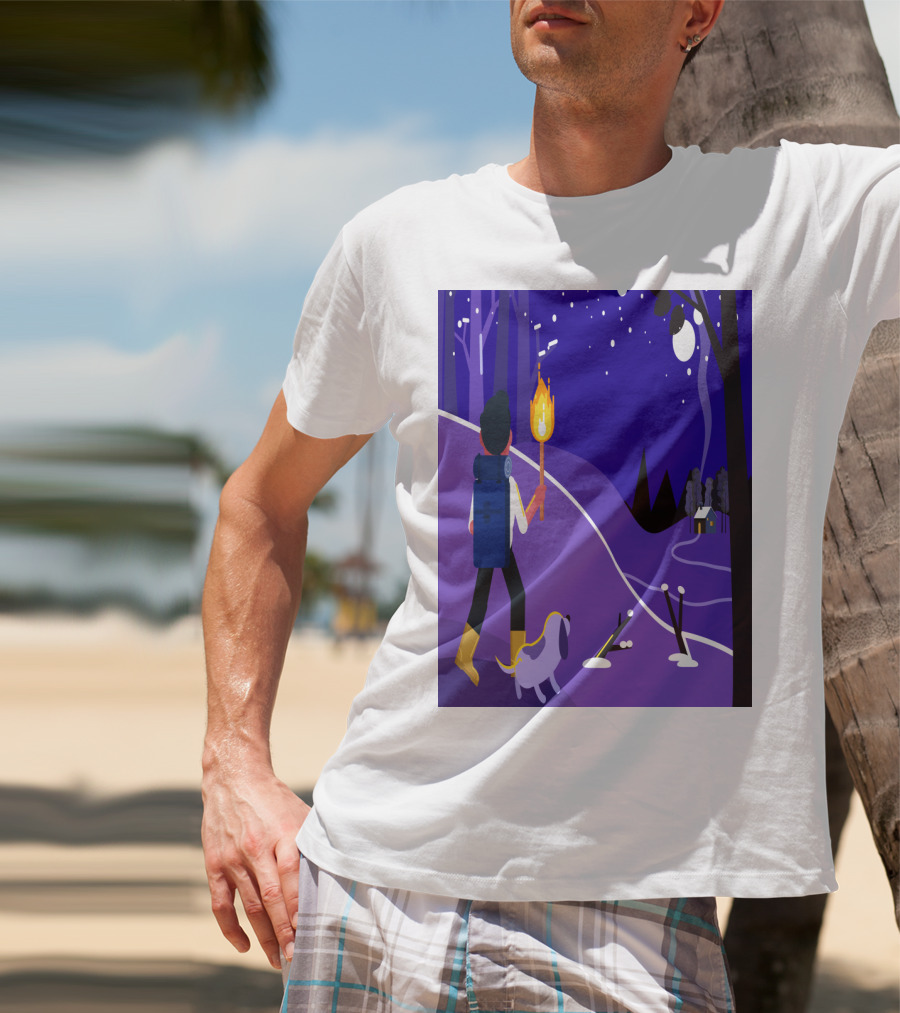 Nighttime Hiker With Backpack And Dog Under Moonlit Sky T-Shirt