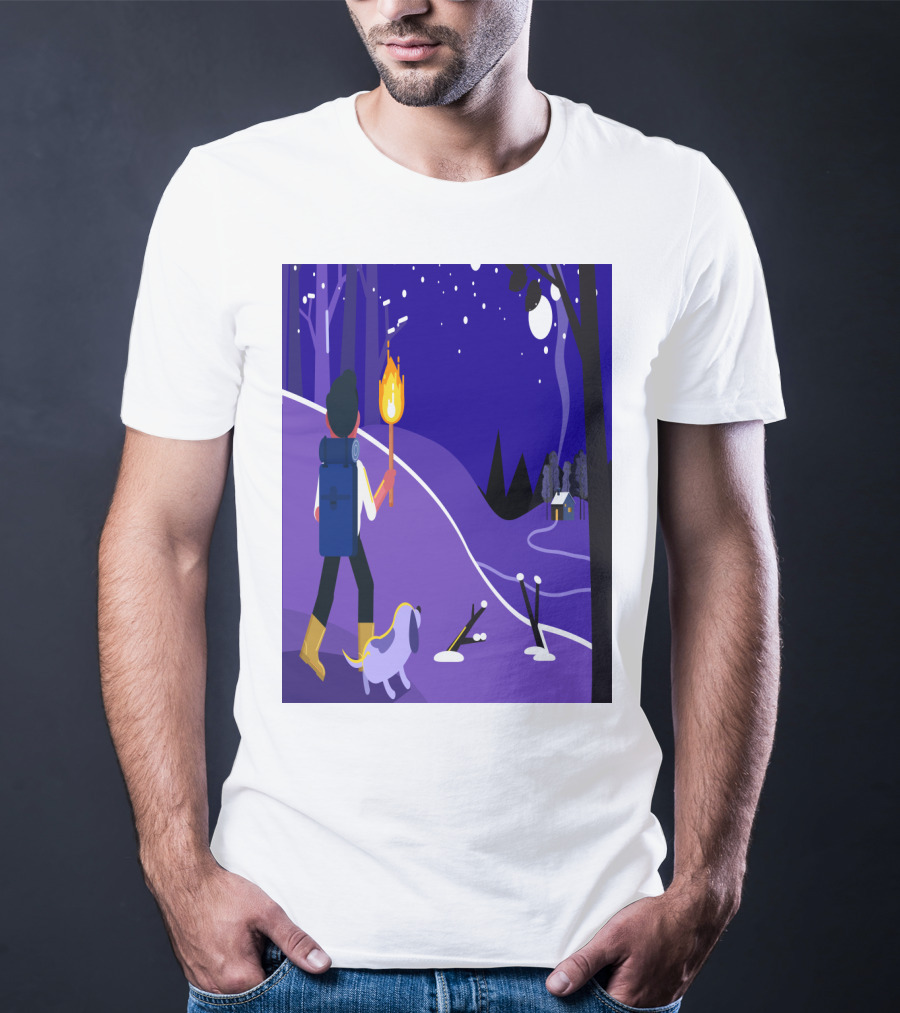 Nighttime Hiker With Backpack And Dog Under Moonlit Sky T-Shirt
