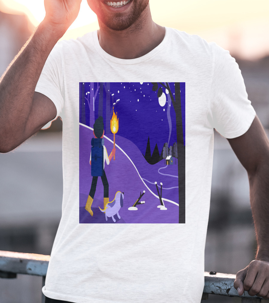 Nighttime Hiker With Backpack And Dog Under Moonlit Sky T-Shirt