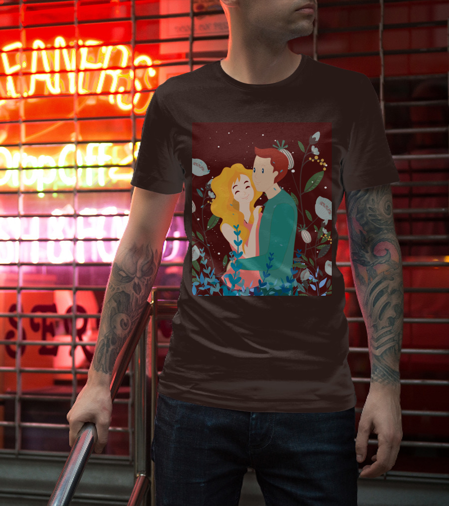 Lover Dating Romantic Embrace Amidst Floral Background T-Shirt