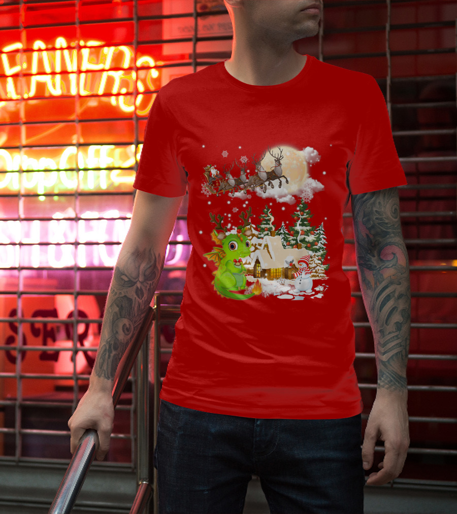 Santa's Sleigh Ride Over Snowy Village With Festive Dragon T-Shirt