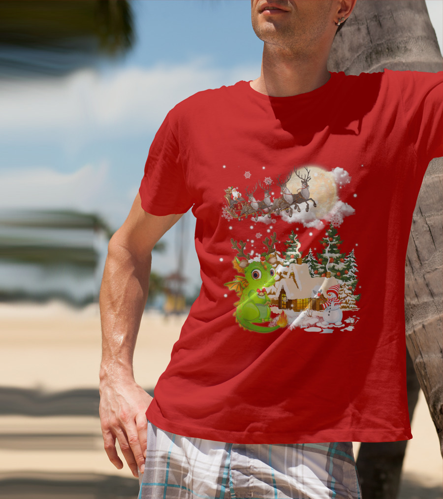 Santa's Sleigh Ride Over Snowy Village With Festive Dragon T-Shirt