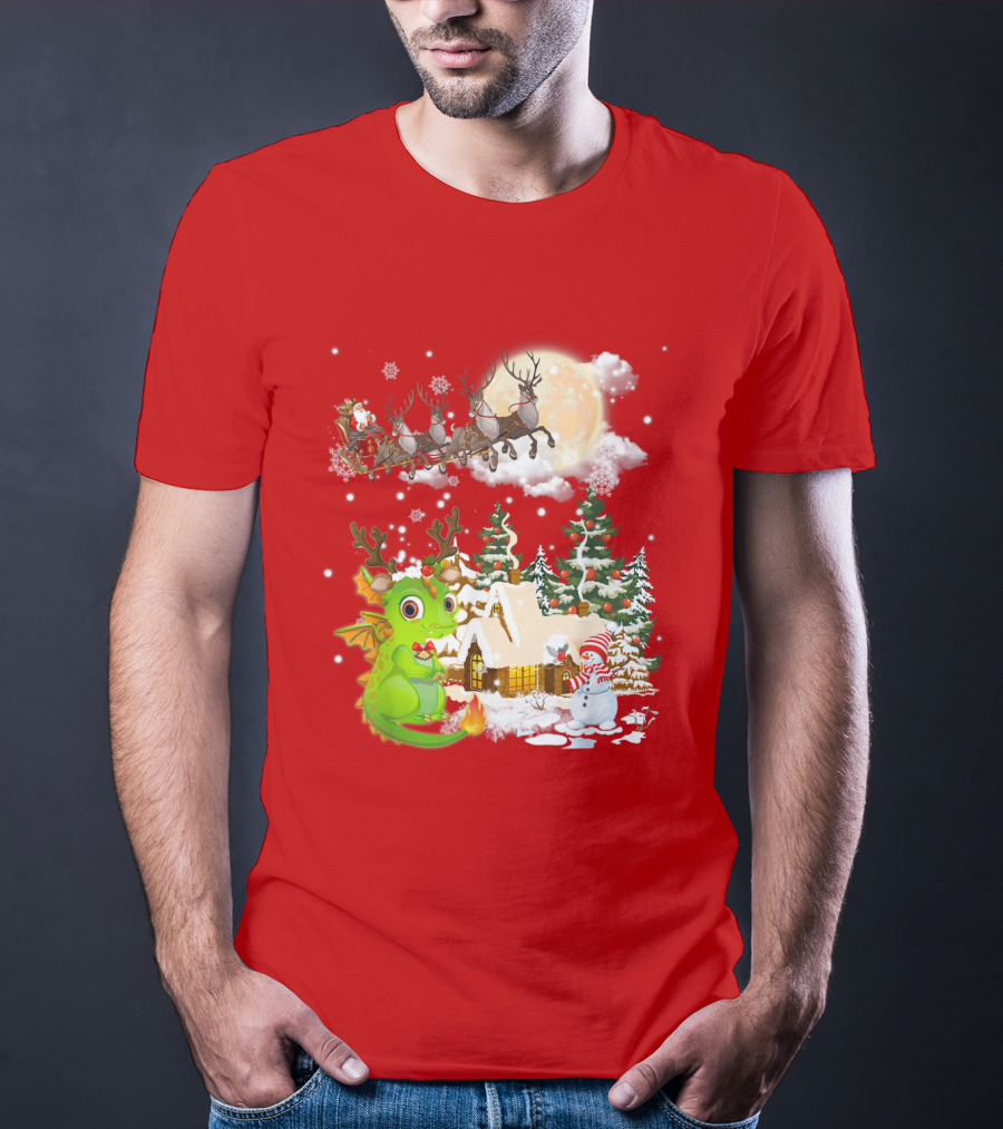 Santa's Sleigh Ride Over Snowy Village With Festive Dragon T-Shirt