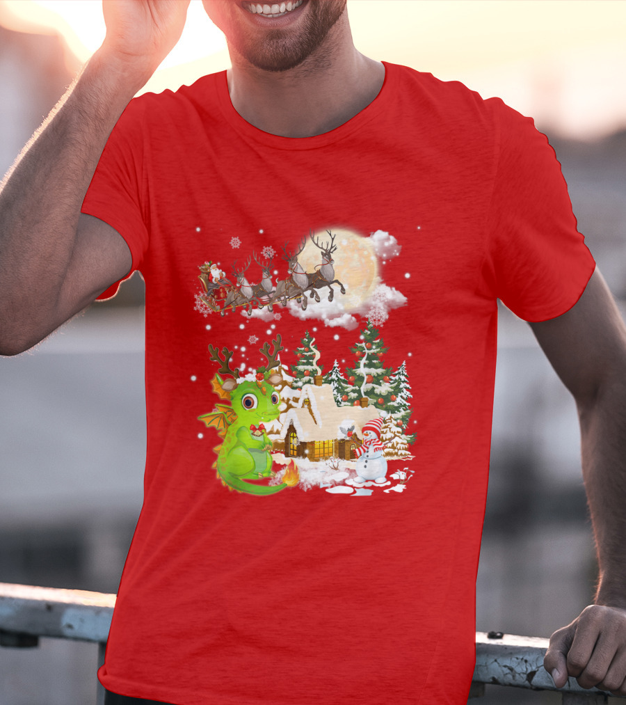 Santa's Sleigh Ride Over Snowy Village With Festive Dragon T-Shirt
