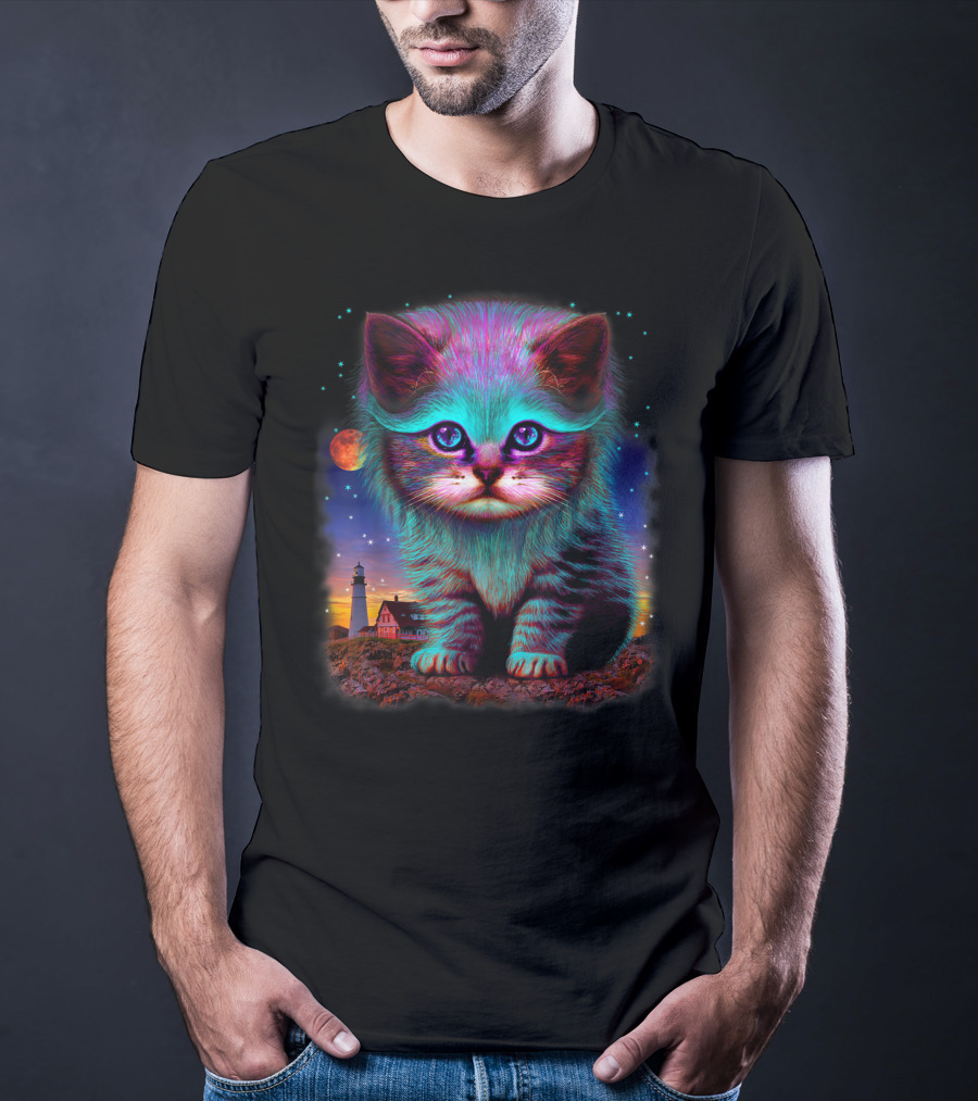 Alien Cat Fantasy Galaxy In Colorful Space With Cute Kitten And Lighthouse Moon Stars T-Shirt