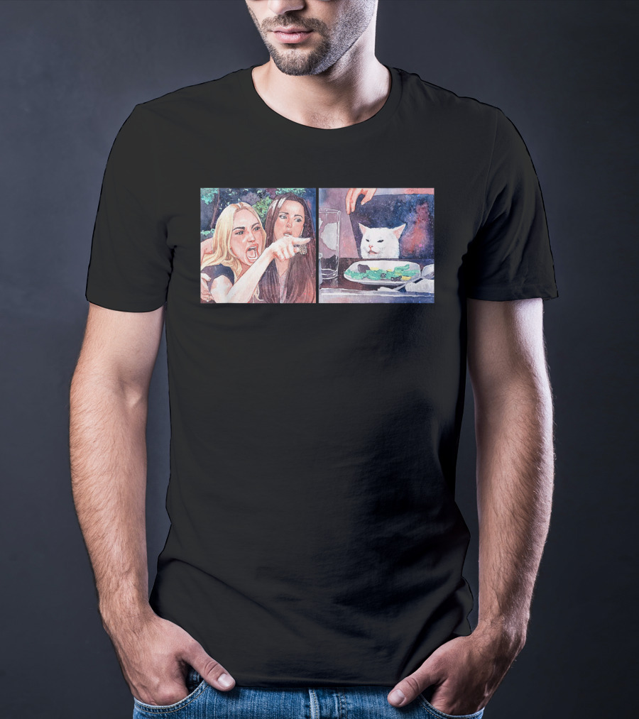 Angry Women Pointing At Indifferent Cat Sitting At Dining Table T-Shirt
