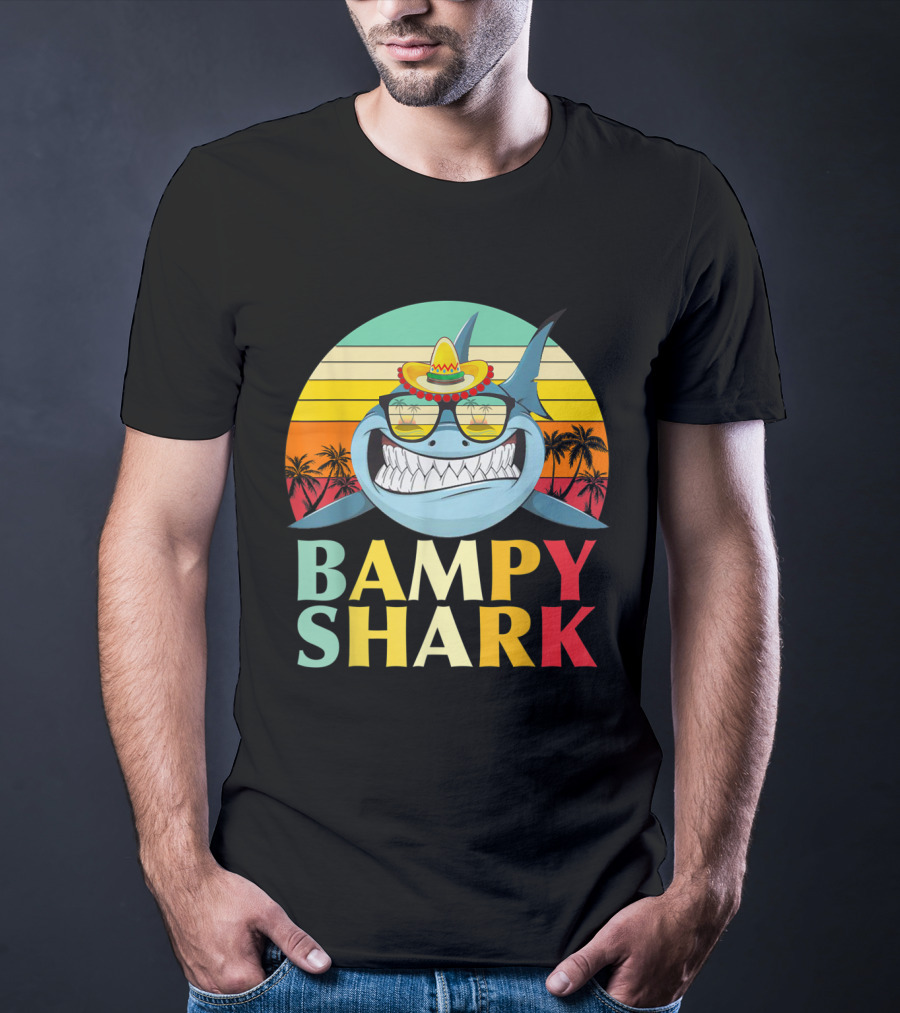 Bampy Shark Grandad From Grandchildren Shark With Sombrero And Sunglasses T-Shirt