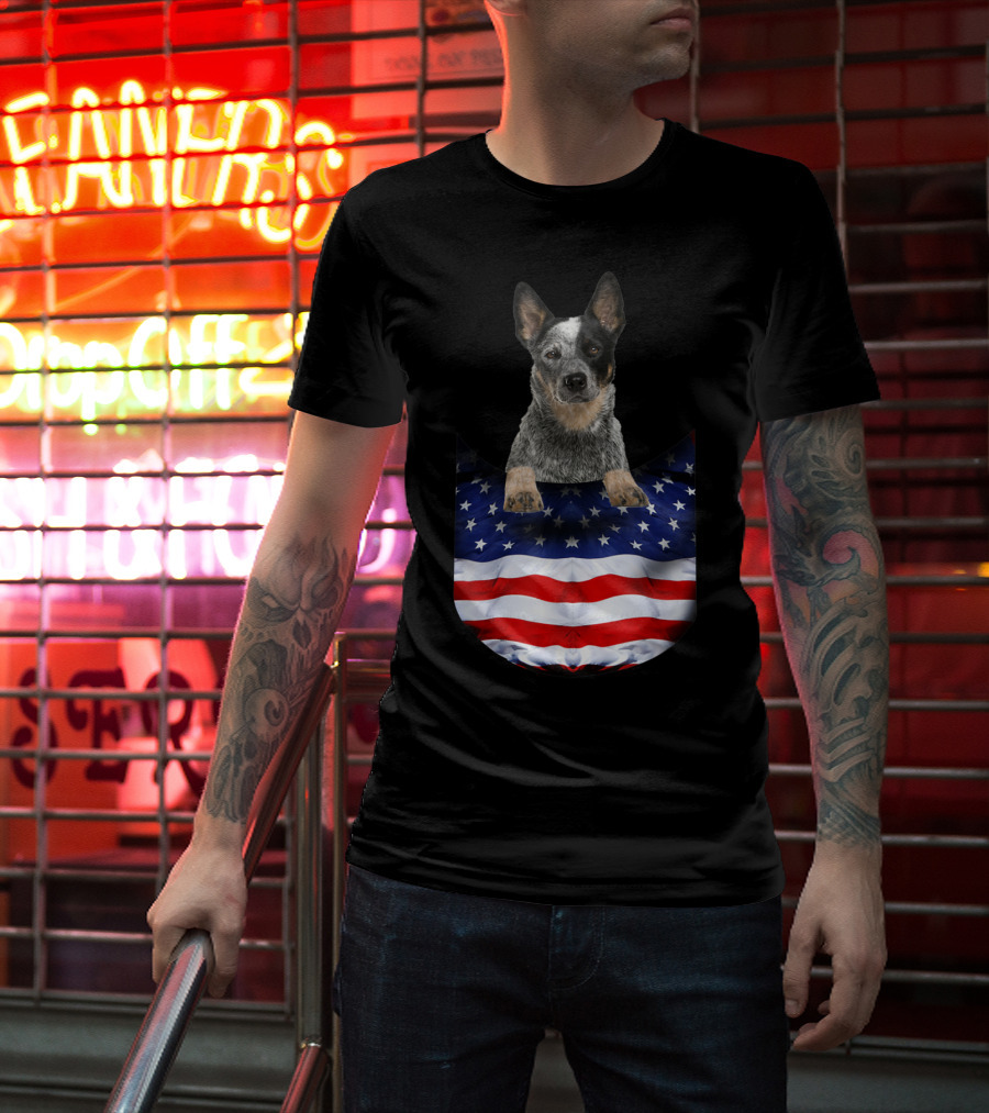 Australian Cattle Dog Pocket Funny American Flag Dog T-Shirt