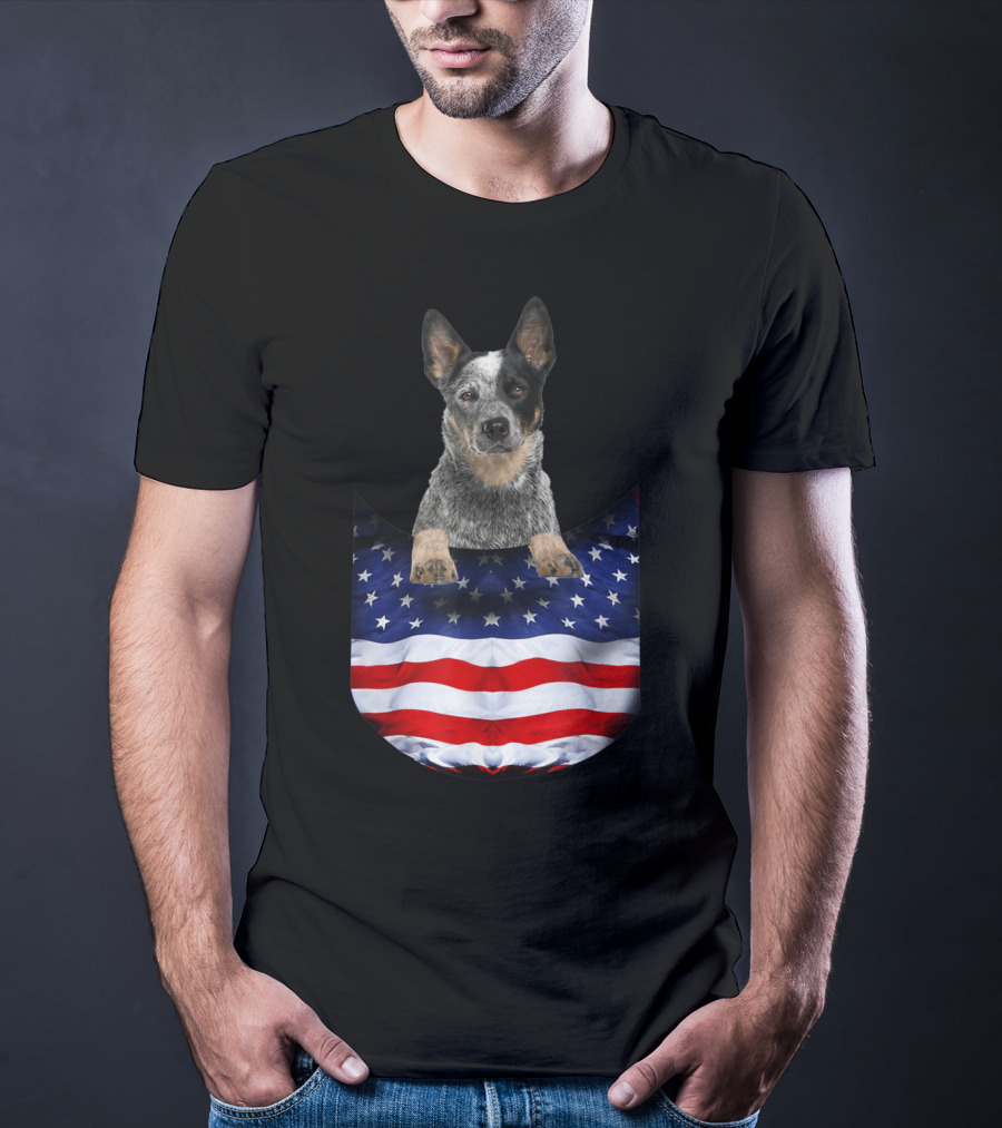 Australian Cattle Dog Pocket Funny American Flag Dog T-Shirt