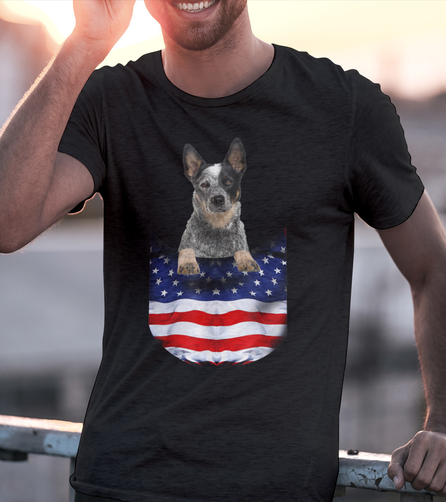 Australian Cattle Dog Pocket Funny American Flag Dog T-Shirt