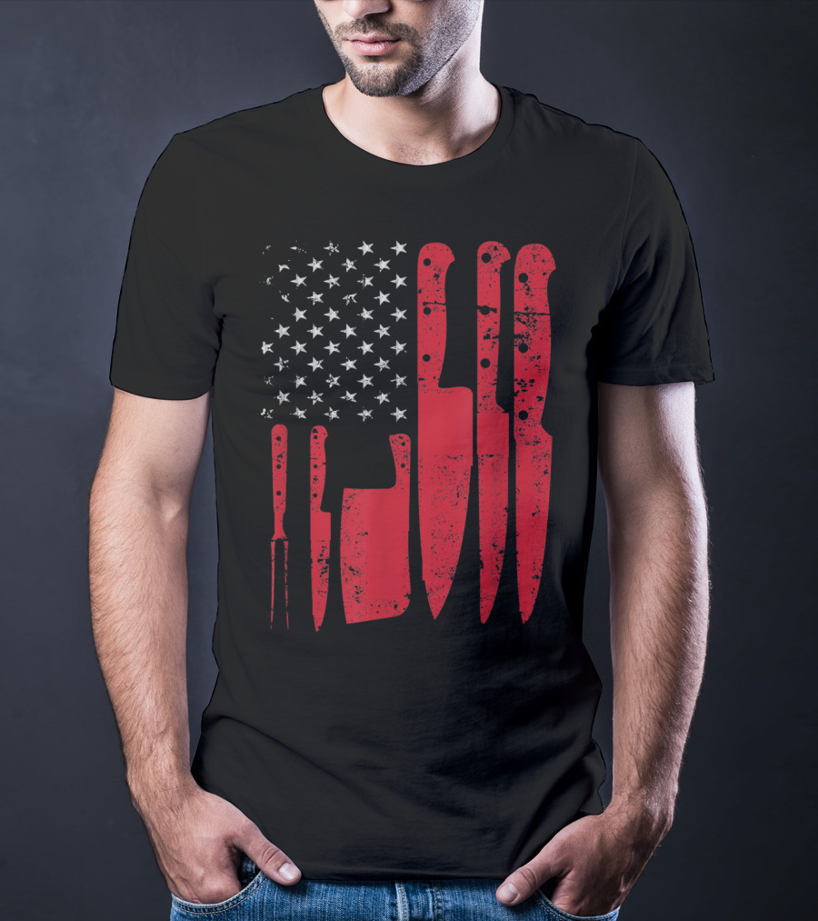 American Flag Stars Butcher Knife Set Vintage Look T-Shirt