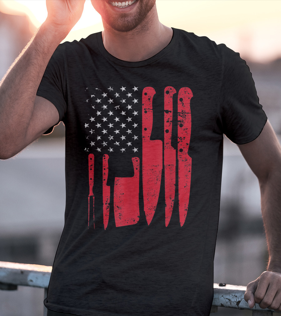 American Flag Stars Butcher Knife Set Vintage Look T-Shirt