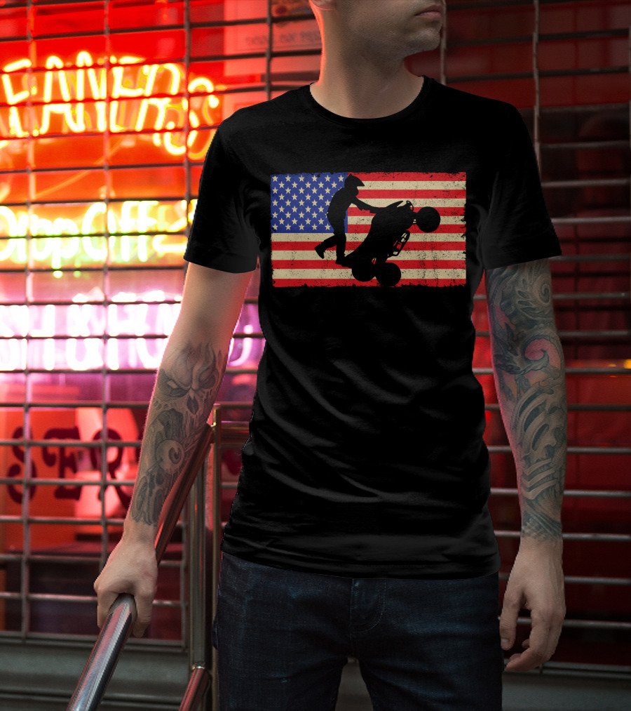 American Flag ATV Rider Wheelie Quad Bike Cool T-Shirt