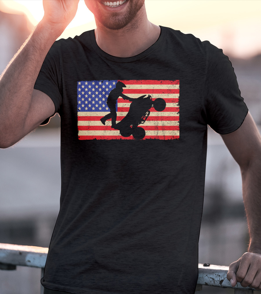 American Flag ATV Rider Wheelie Quad Bike Cool T-Shirt