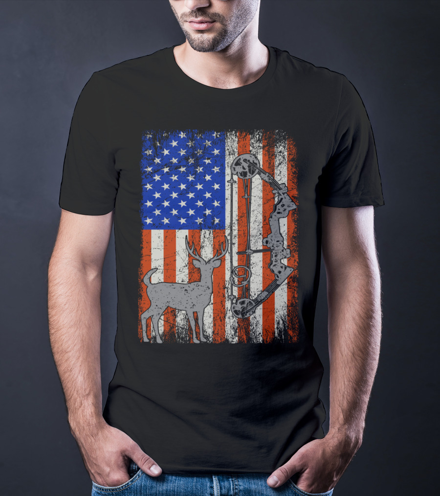 American Flag Deer Bow Hunter Hunting T-Shirt