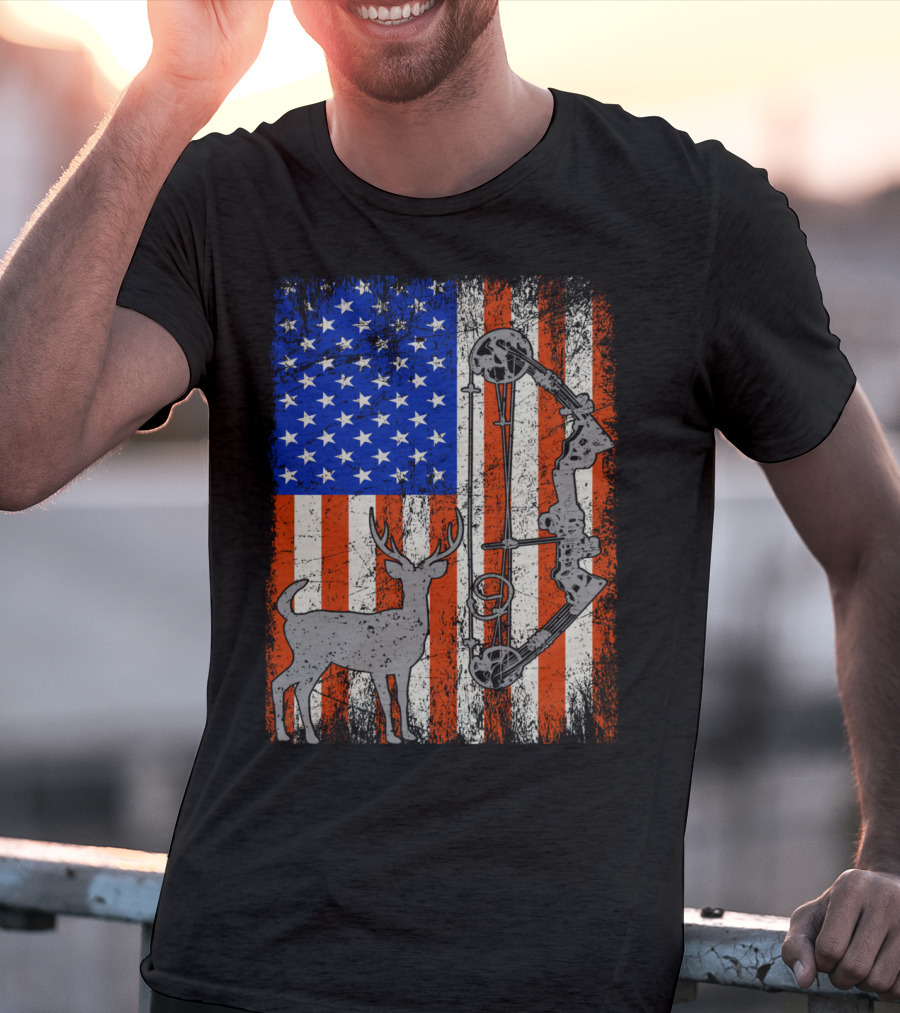 American Flag Deer Bow Hunter Hunting T-Shirt