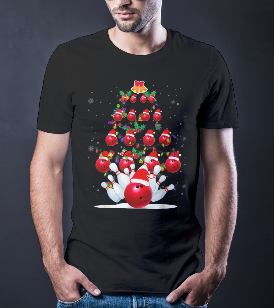 Bowling Ball Christmas Tree With Santa Hats And Snowflakes T-Shirt