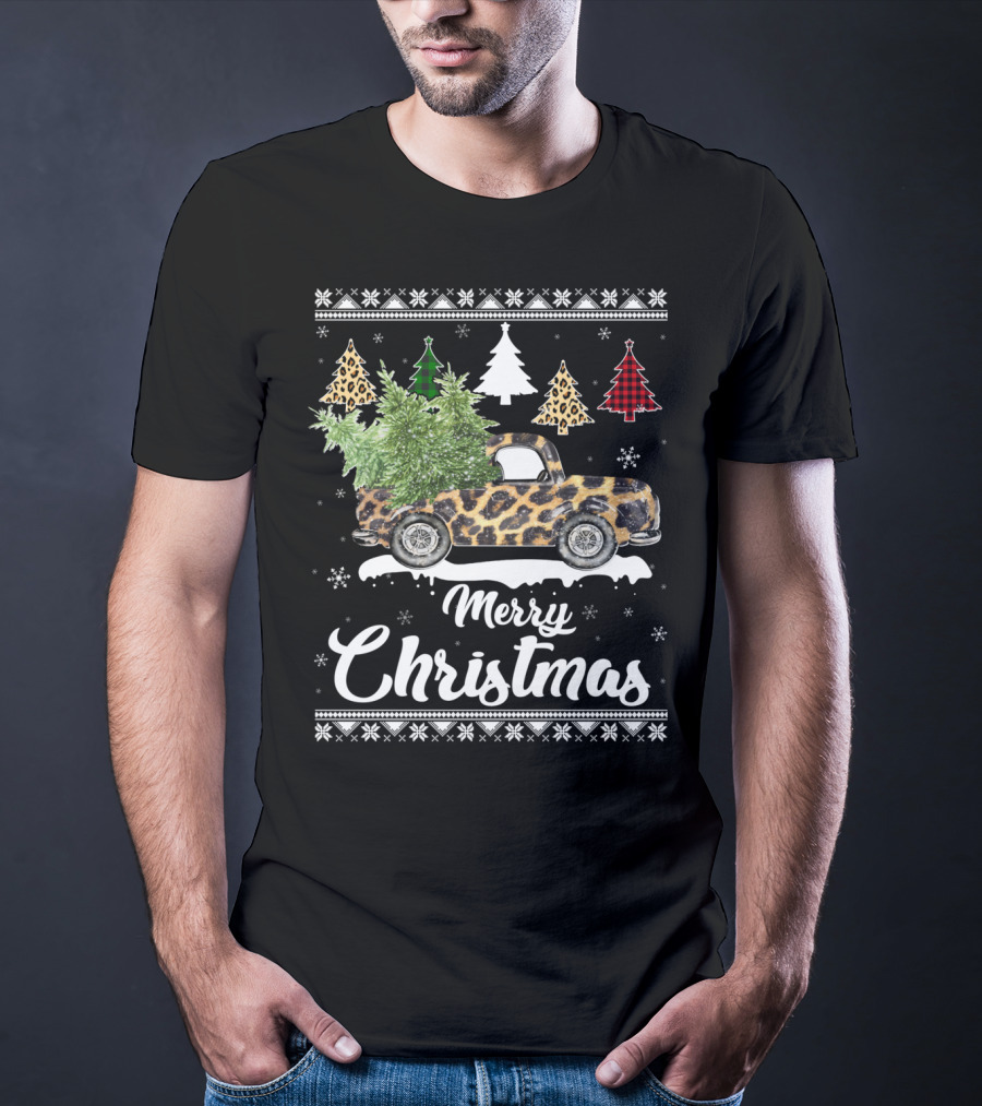 Merry Christmas Leopard Truck Plaid Trees Snowflakes T-Shirt