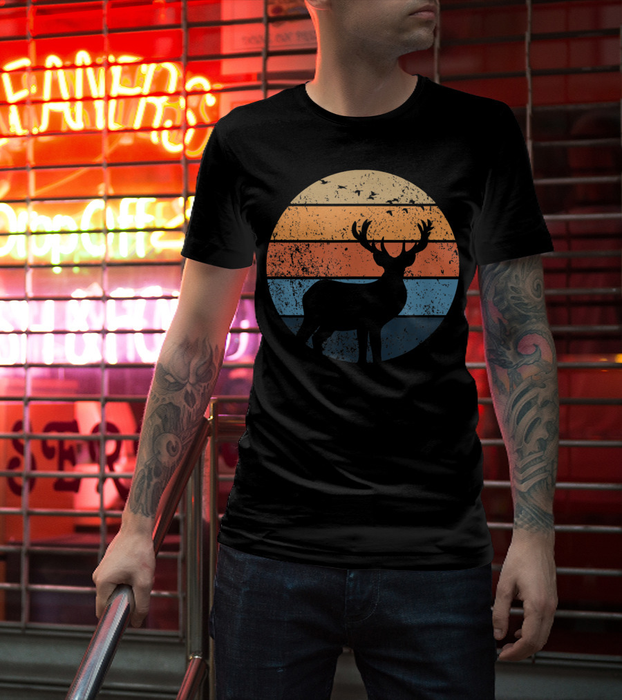 Deer Silhouette Retro Sunset With Flying Birds T-Shirt