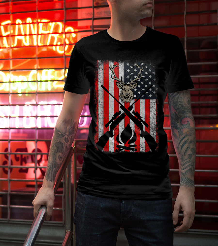 Patriotic Deer Hunting With American Flag And Rifles T-Shirt
