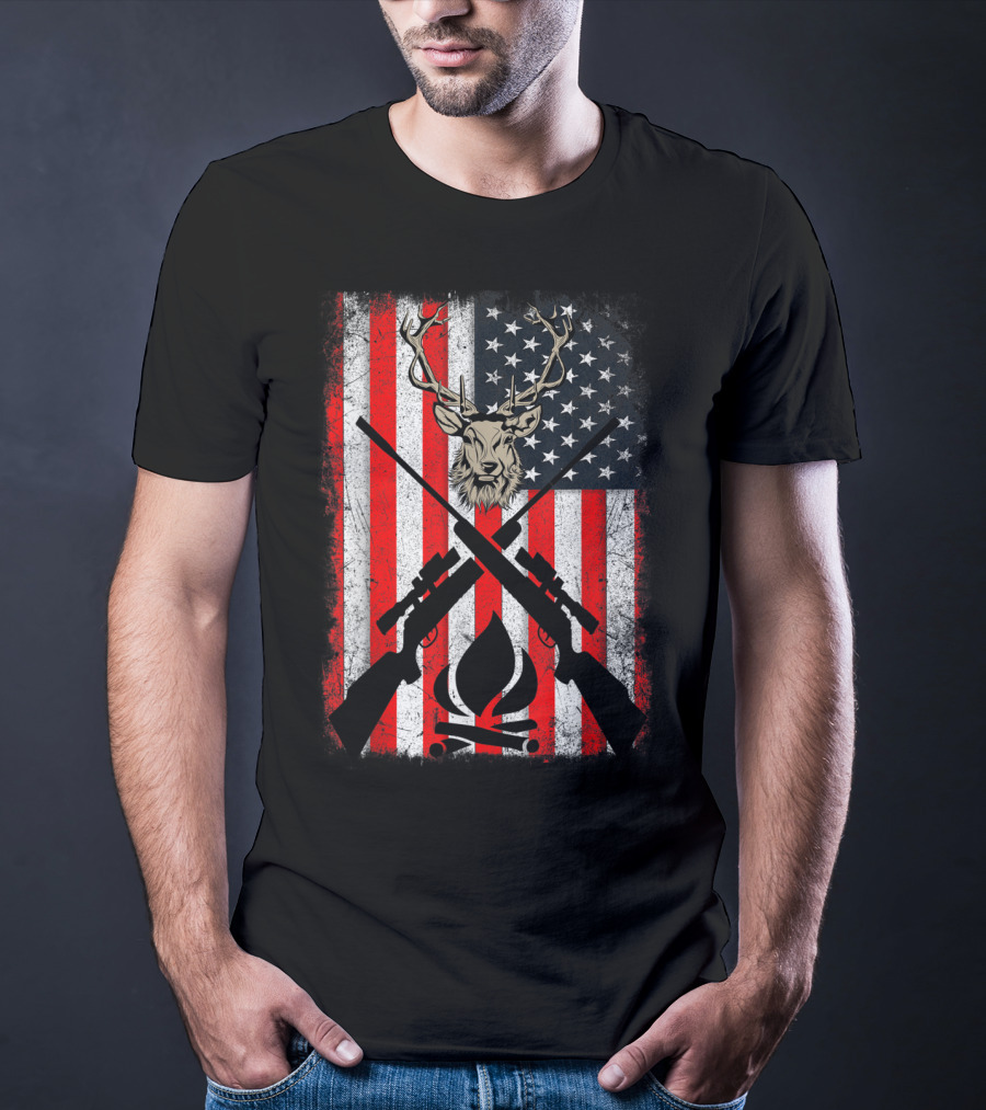 Patriotic Deer Hunting With American Flag And Rifles T-Shirt