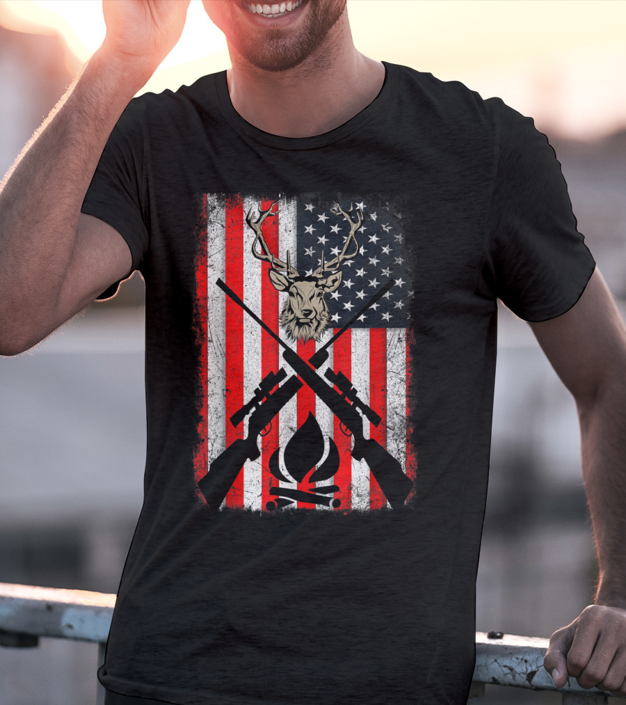 Patriotic Deer Hunting With American Flag And Rifles T-Shirt