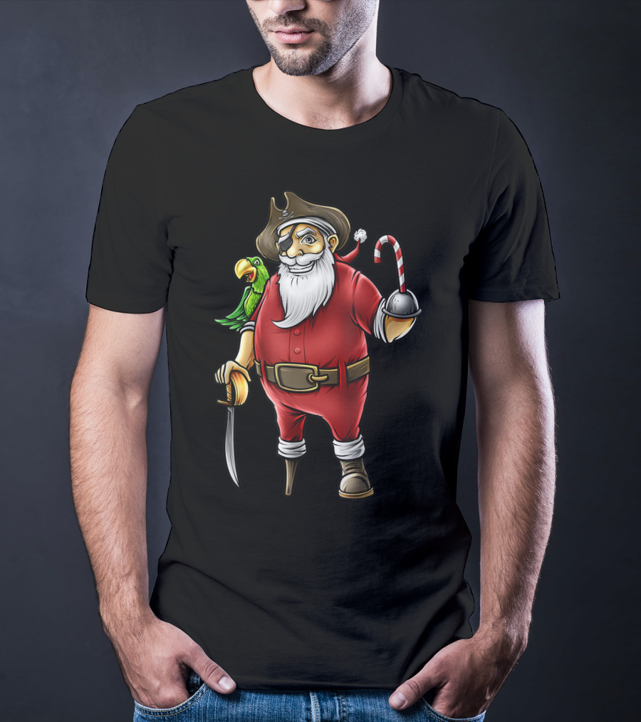 Funny Christmas Pirate Santa With Candy Cane Hook Hand And Parrot T-Shirt