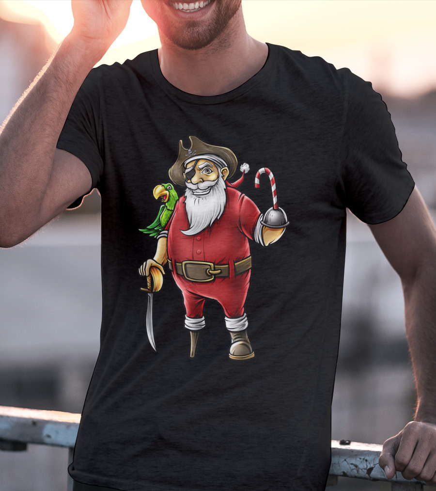 Funny Christmas Pirate Santa With Candy Cane Hook Hand And Parrot T-Shirt