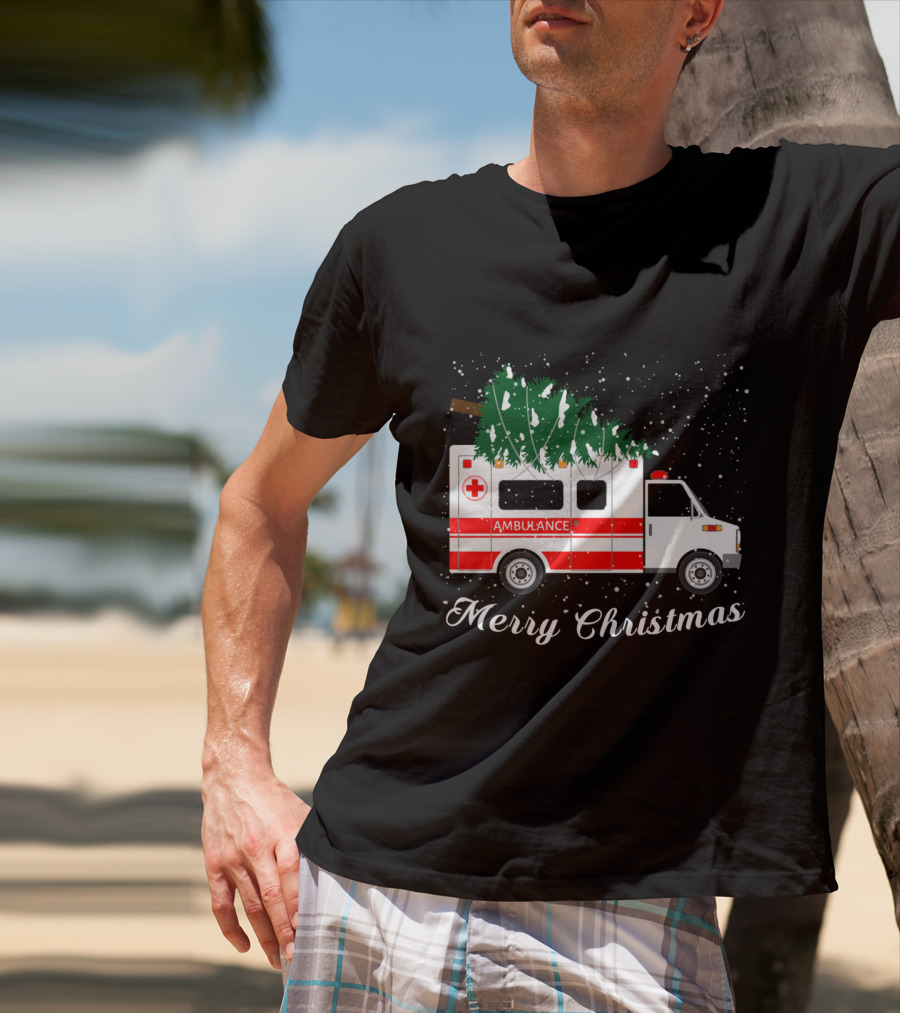 Merry Christmas Ambulance Carrying Christmas Tree In Snowfall T-Shirt