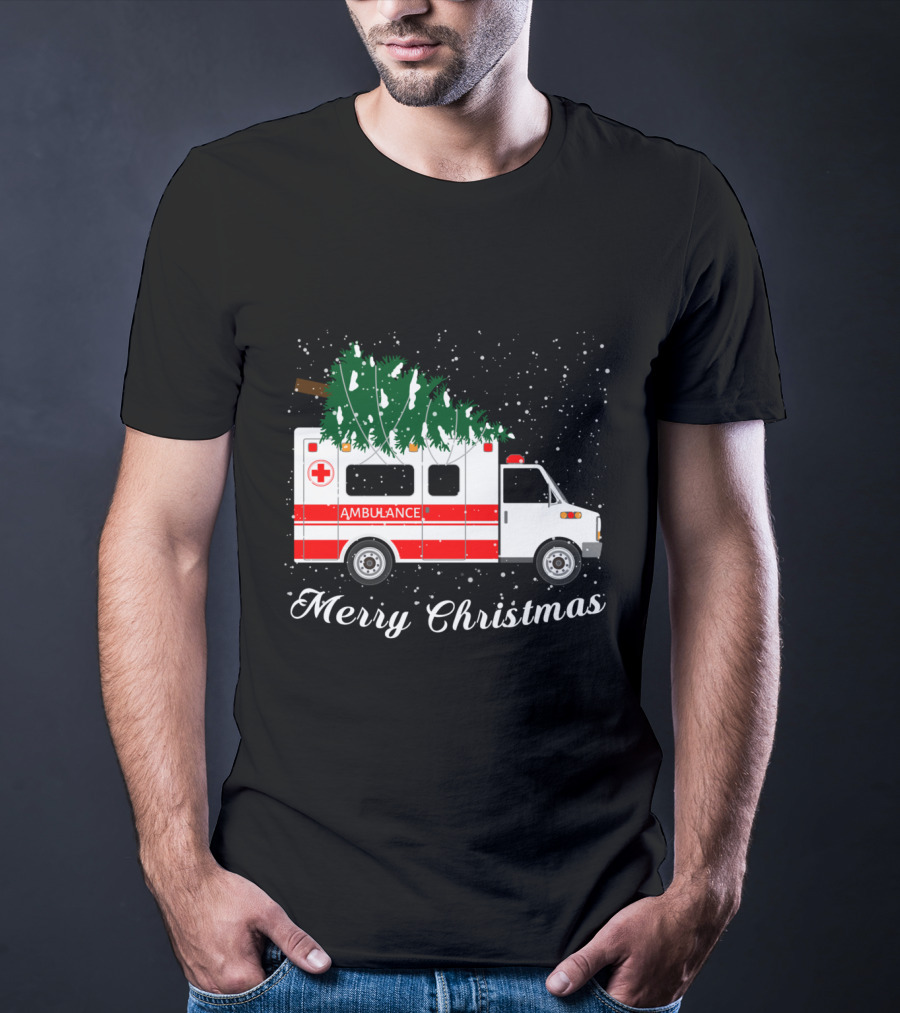 Merry Christmas Ambulance Carrying Christmas Tree In Snowfall T-Shirt
