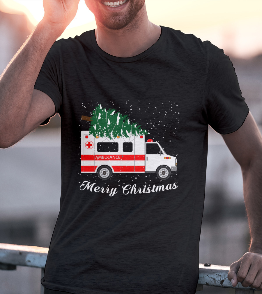 Merry Christmas Ambulance Carrying Christmas Tree In Snowfall T-Shirt