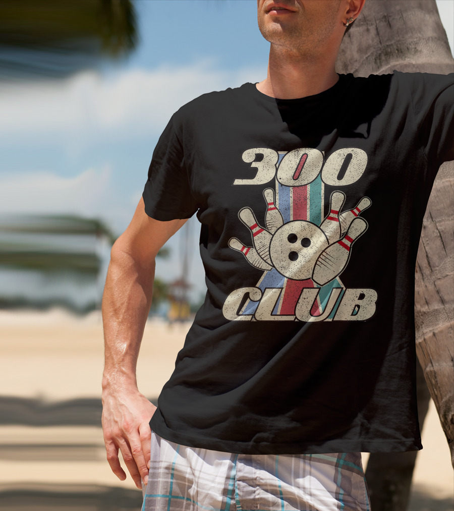 300 Club Bowling Distressed Perfect Game Retro Bowling Pins And Ball T-Shirt