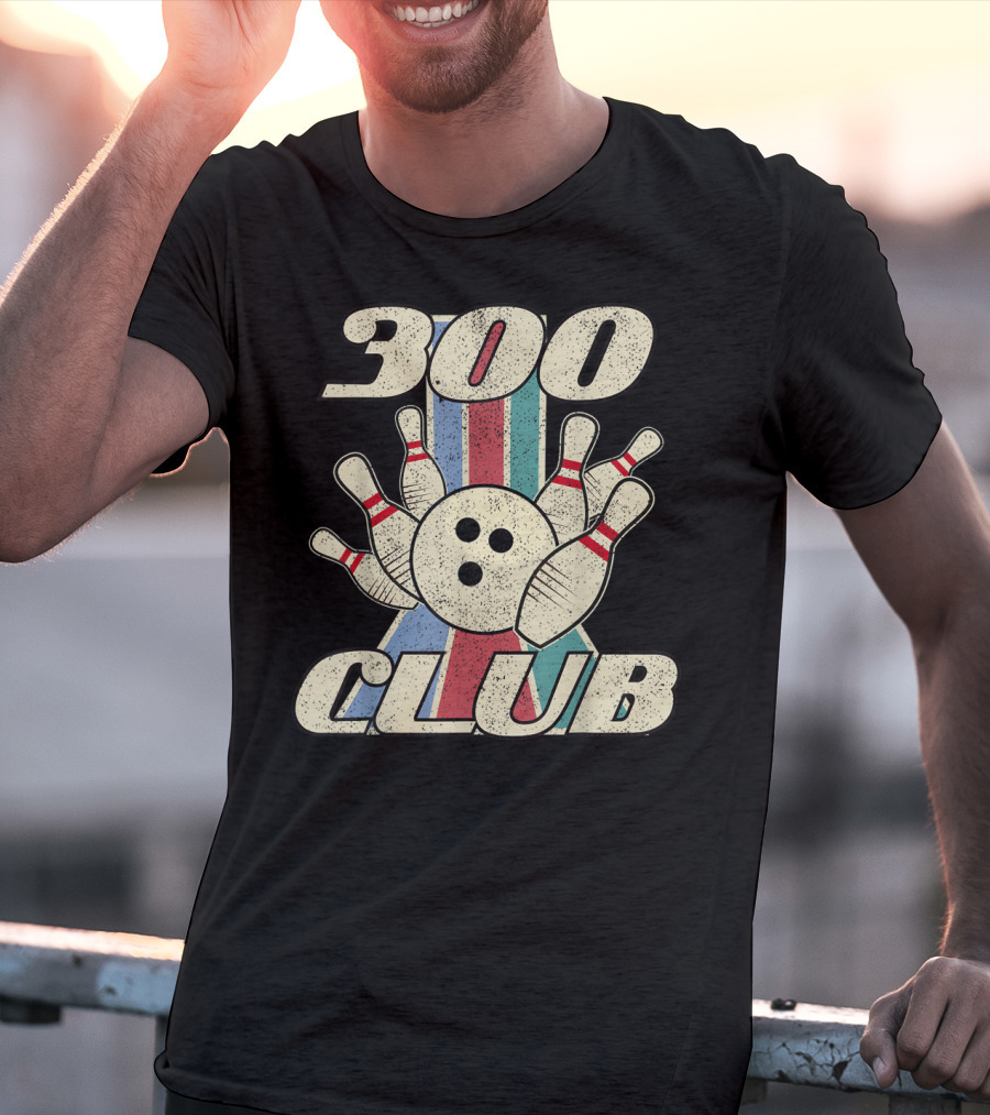 300 Club Bowling Distressed Perfect Game Retro Bowling Pins And Ball T-Shirt